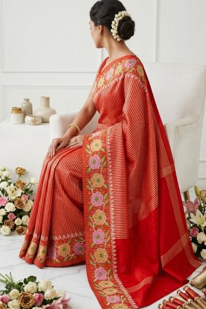 Banarasi Gold Striped Floral Embroidery Silk Saree – Premium Banarasi Silk Work