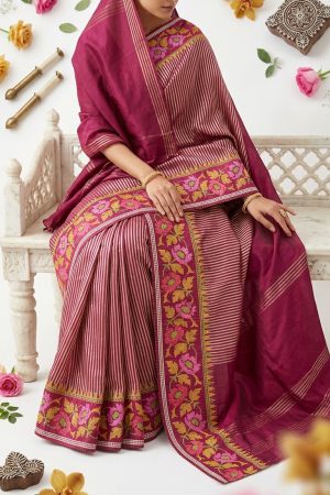 Banarasi Gold Striped Floral Embroidery Silk Saree – Elegant Banarasi Silk Work Saree