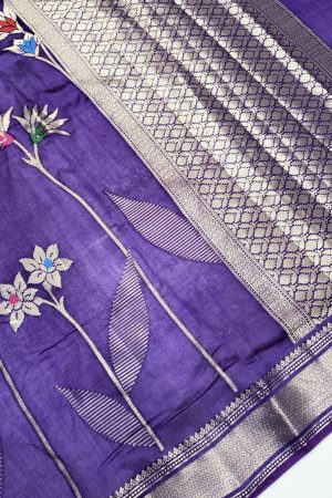 Green Mango Viscose Saree | Blue & Red Shades | Elegant Banarasi Weave | Banarasi Hastkala Weaves