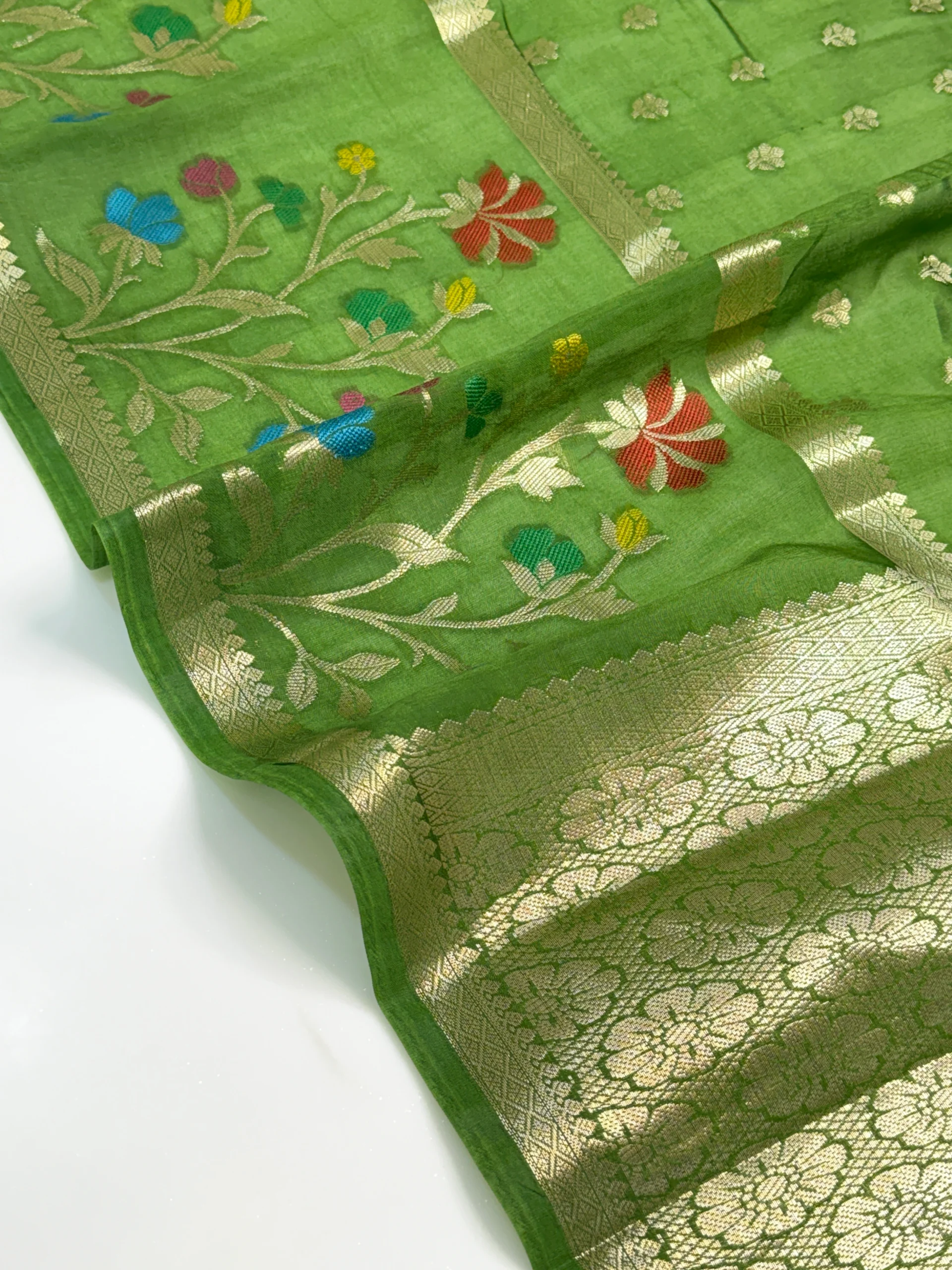 Green Mango Viscose Saree | Green & Violet Shades | Banarasi Hastkala Weaves - Image 7