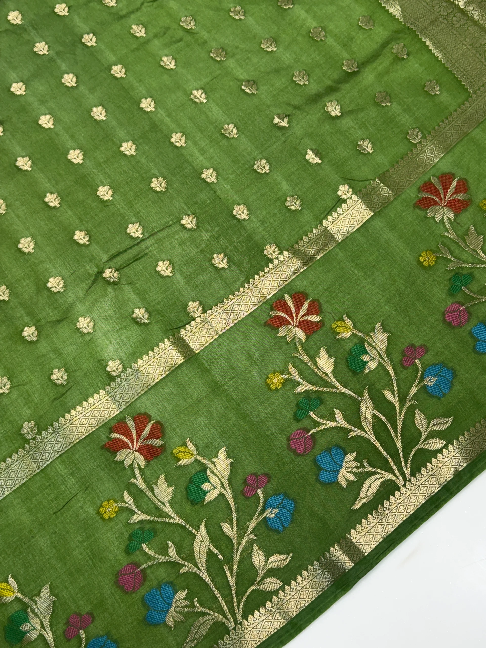 Green Mango Viscose Saree | Green & Violet Shades | Banarasi Hastkala Weaves - Image 8