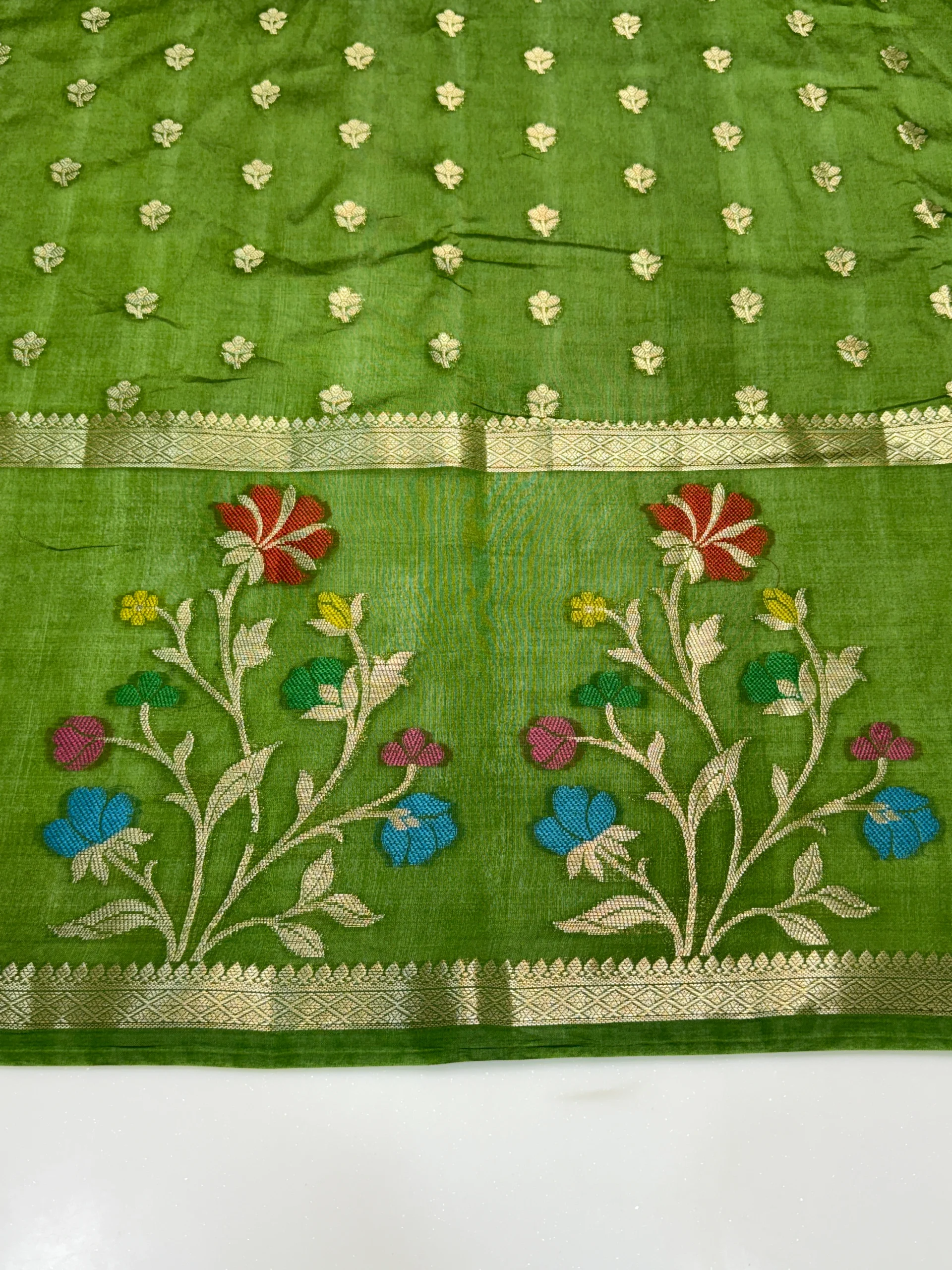 Green Mango Viscose Saree | Green & Violet Shades | Banarasi Hastkala Weaves - Image 10