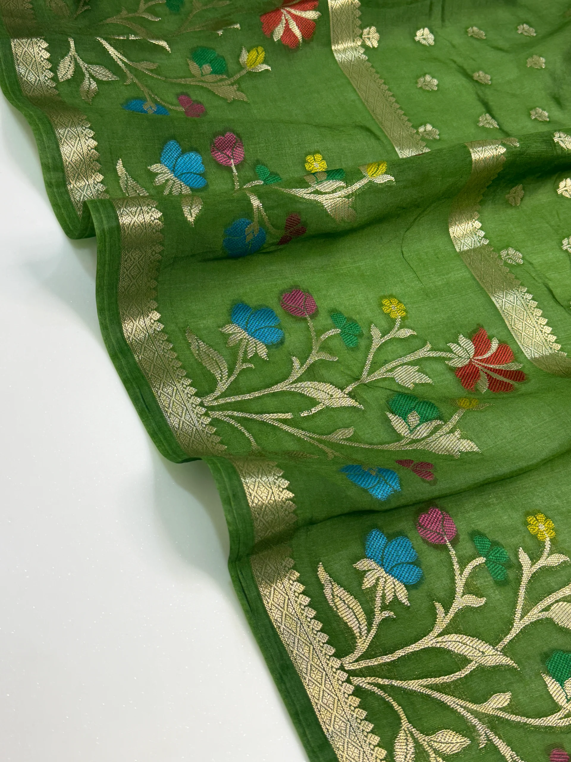 Green Mango Viscose Saree | Green & Violet Shades | Banarasi Hastkala Weaves - Image 11