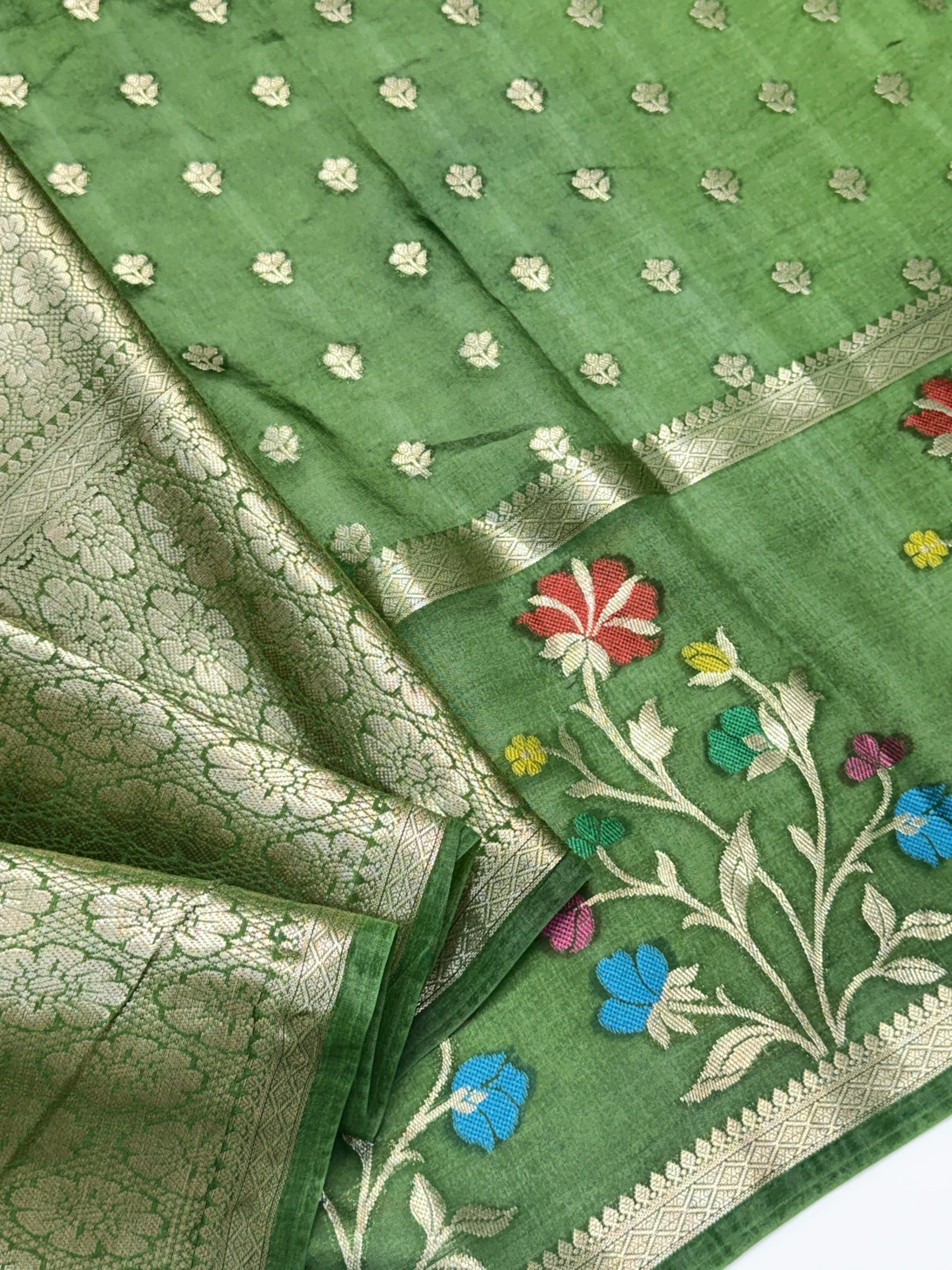Green Mango Viscose Saree | Green & Violet Shades | Banarasi Hastkala Weaves - Image 12