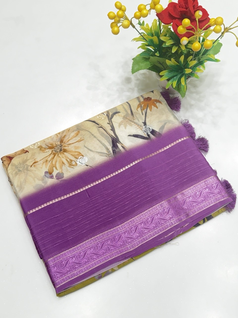 Viscose Chinon Khaddi Digital Print Saree | Elegant Printed Saree | Banarasi Hastkala Weaves - Image 3